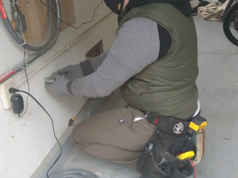 Electrician performing outlet wiring in a Lynn garage